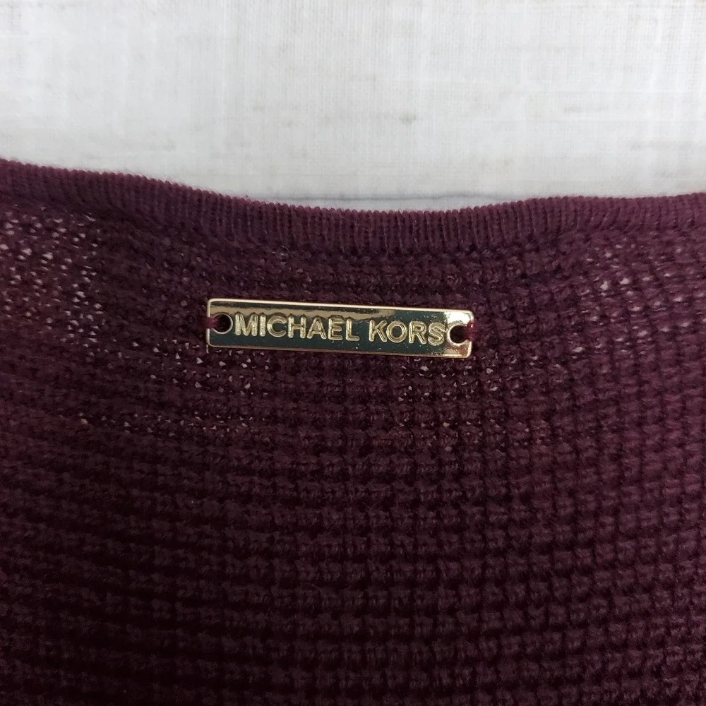 Michael Kors Burgundy Textured‎ Knit Sweater Tunic Gold Button Detail Small